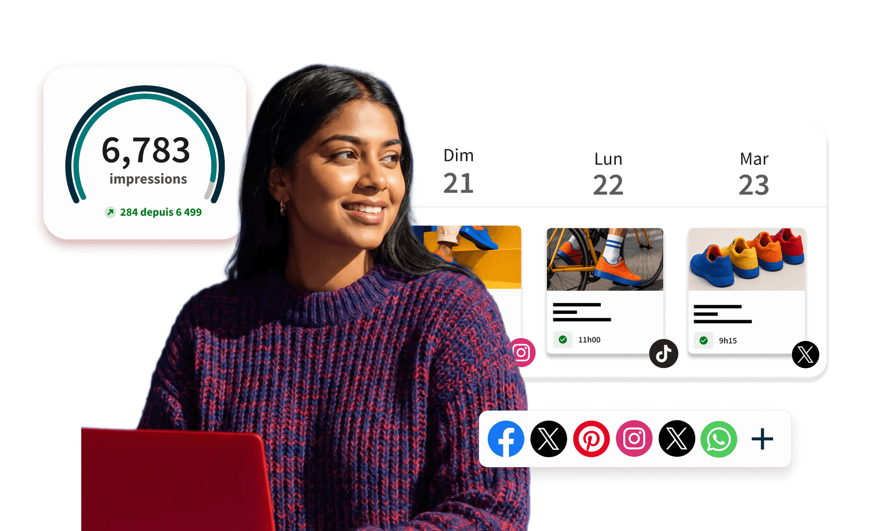 Femme devant le tableau de bord Hootsuite avec recherche rapide, auteurs, sentiment, engagement
