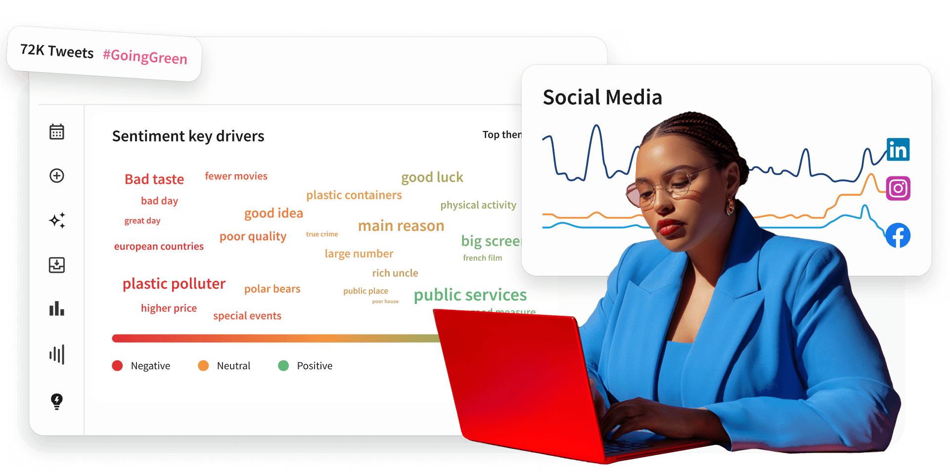 Professionista in blazer grigio chiaro accanto a un grafico di statistiche dei media e icone di social network su sfondo corallo