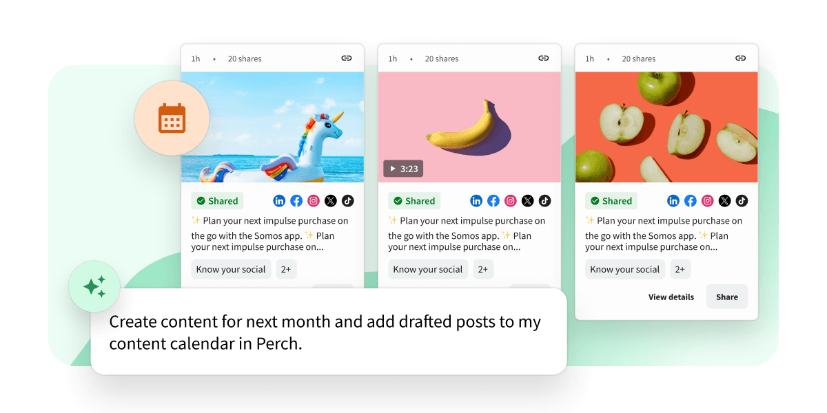 Three social media post cards with a calendar icon and text about creating and scheduling content for next month in Perch.