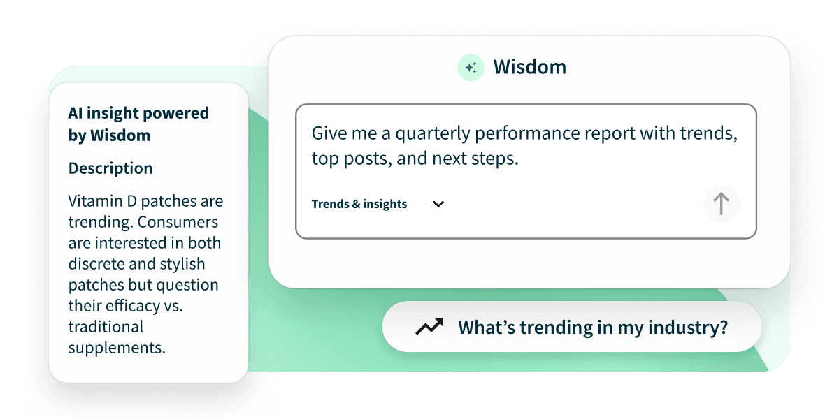 Screenshot of Wisdom AI tool showing an insight about Vitamin D patches trends and a prompt requesting a quarterly performance report.