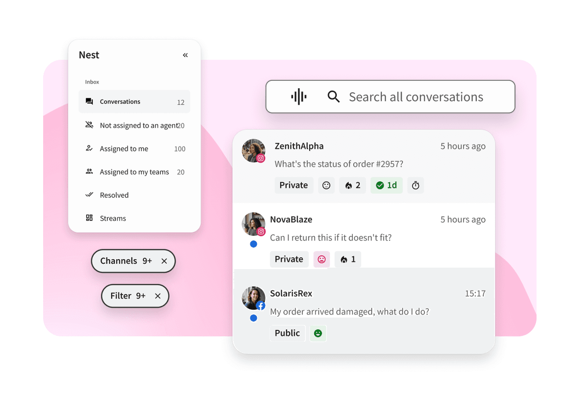 A customer support dashboard showing a inbox sidebar and conversation list with user messages about orders, on a pink background.