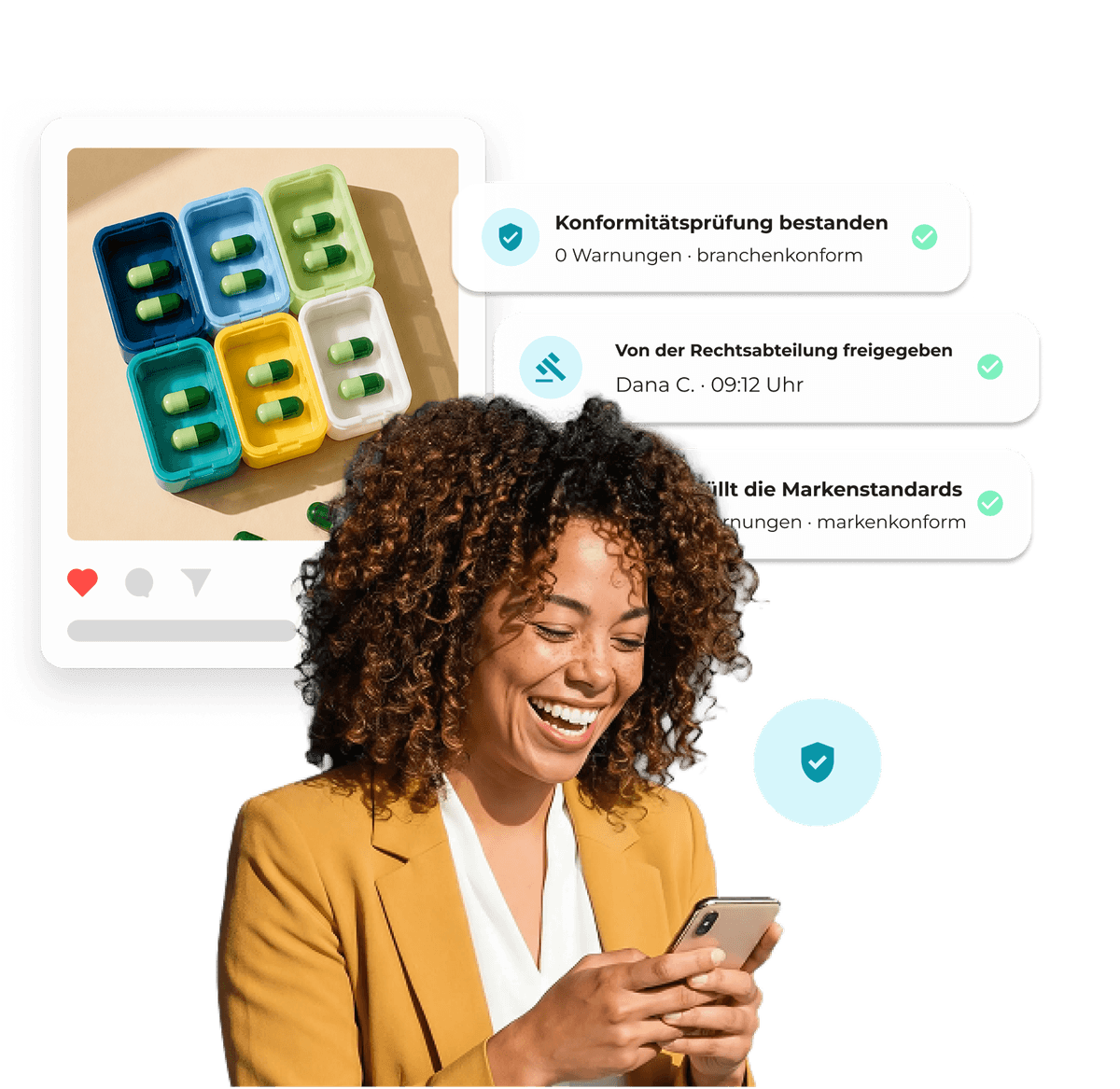 Social-Media-Beitrag mit Proofpoint-Logo und Genehmigungsprozess
