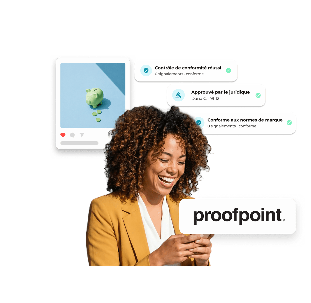 Publication sur les médias sociaux avec le logo Proofpoint et le processus d'approbation