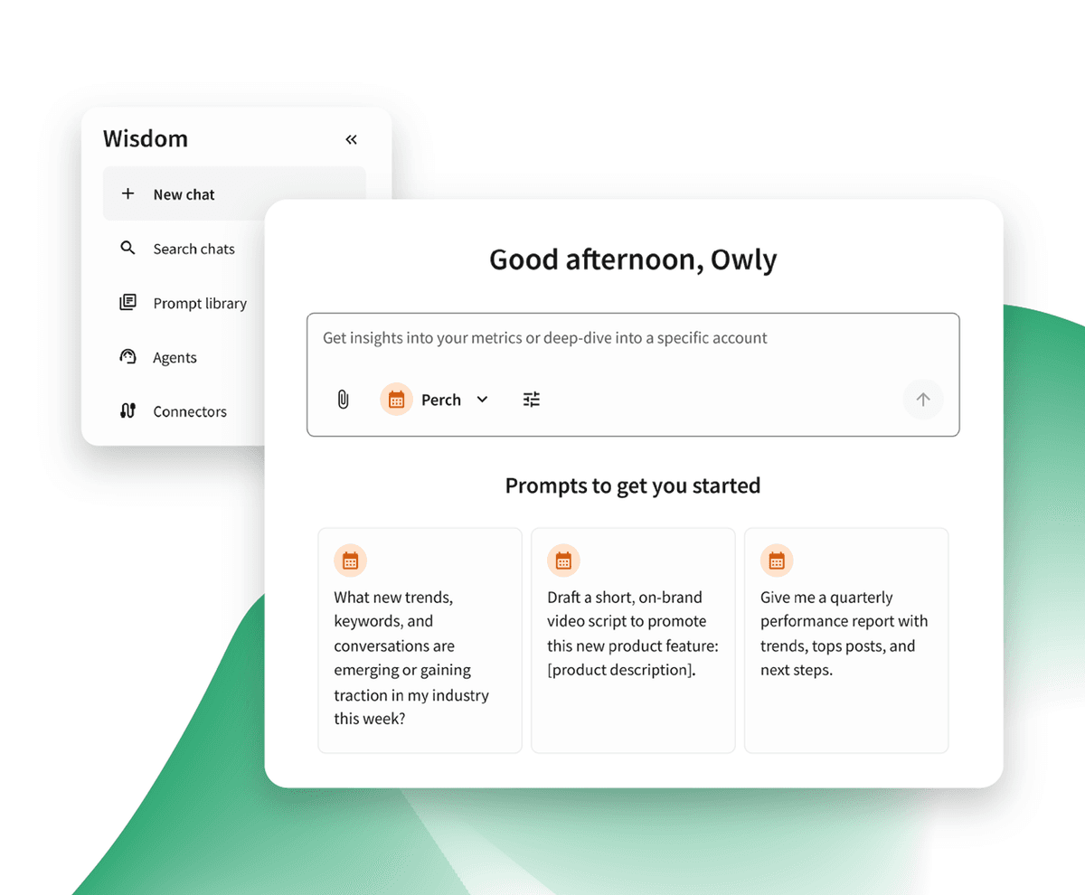 AI chat interface called Wisdom showing a greeting, prompt input field, and three suggested starter prompts on a white panel.