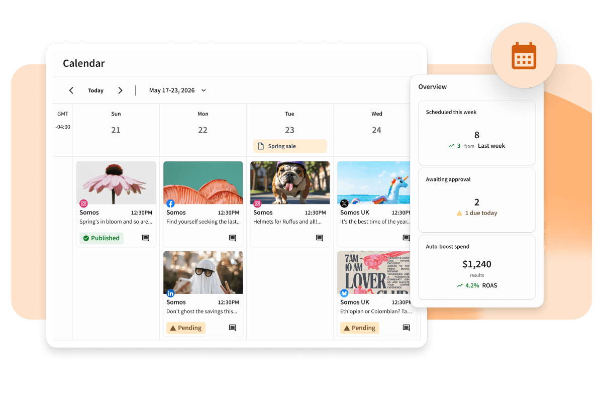 A social media calendar interface showing scheduled posts for June 7-13, 2026, with a Schedule Post panel displaying recommended times.