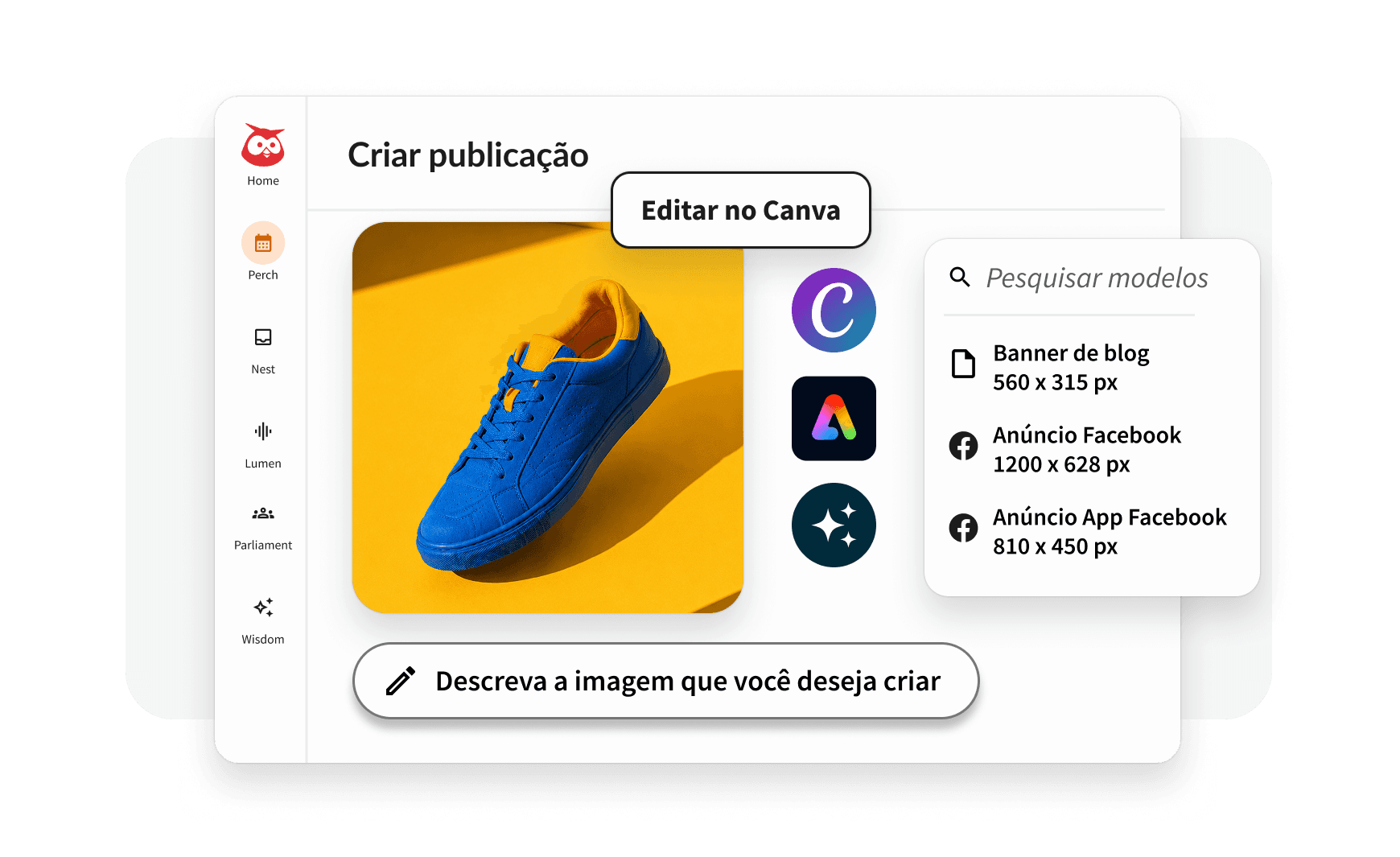 Modelos, biblioteca multimídia e ferramentas de publicação do Hootsuite Canva