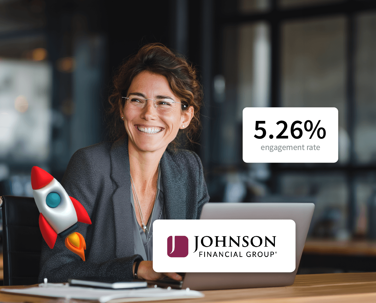 Smiling woman at a laptop with a rocket graphic, 5.26% engagement rate stat, and Johnson Financial Group logo overlay.