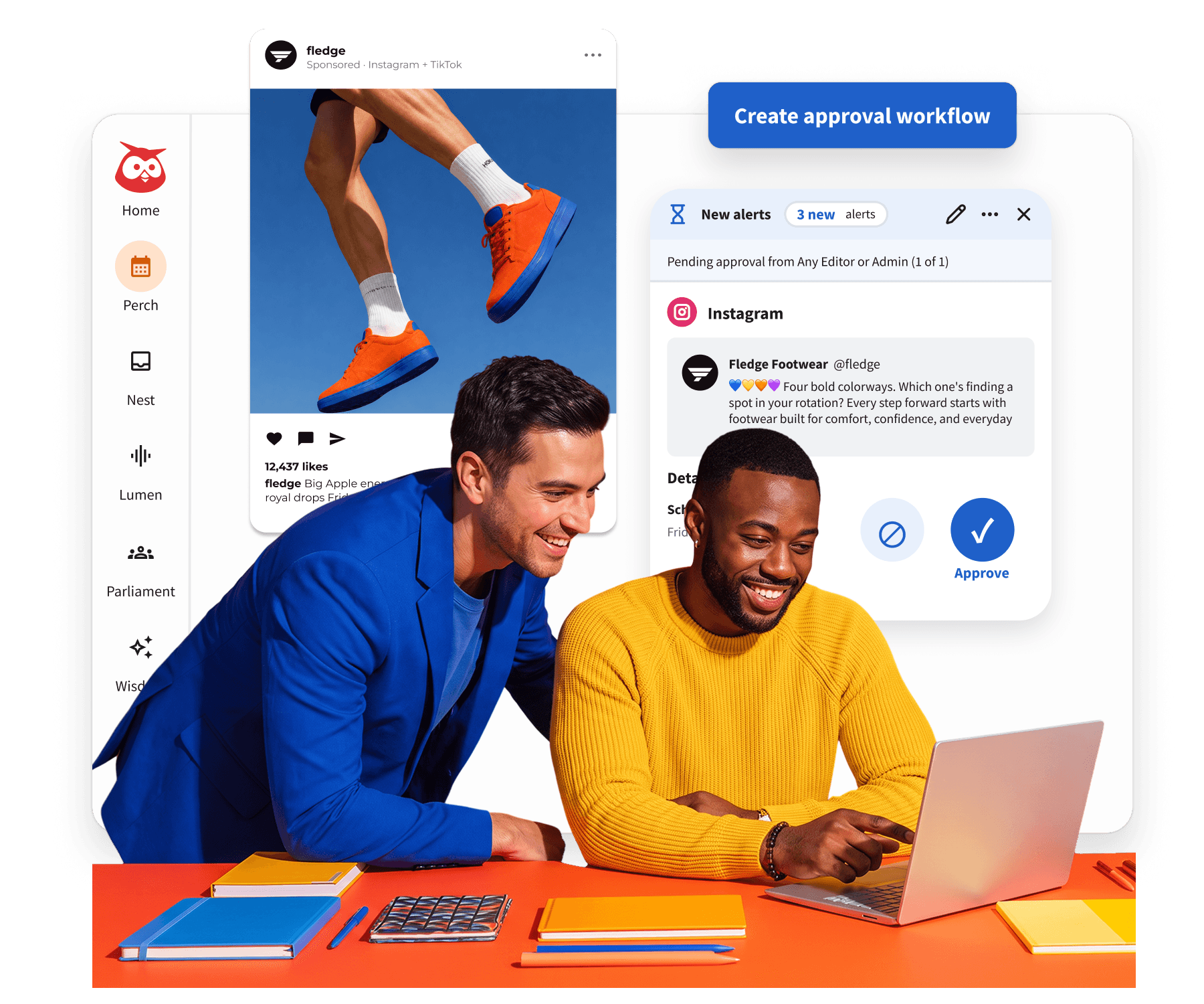 Two men smiling at a laptop using a social media management tool showing an approval workflow and Instagram post.