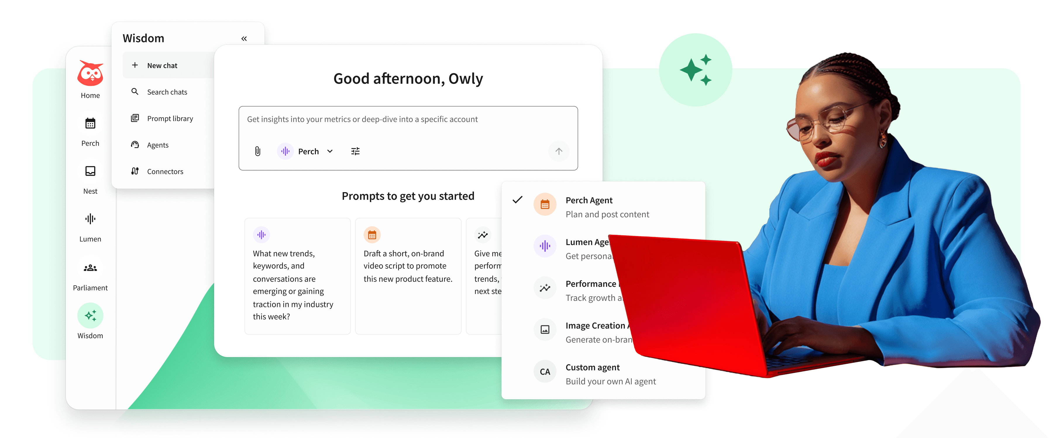 Woman in blue blazer using a red laptop beside an AI chat interface showing Hootsuite's Wisdom tool with prompt suggestions.