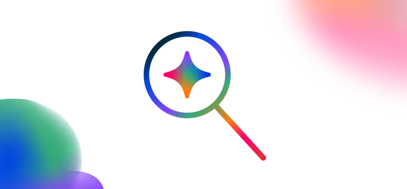 A colorful gradient magnifying glass icon with a four-pointed star inside, set against a white background with soft color blobs.