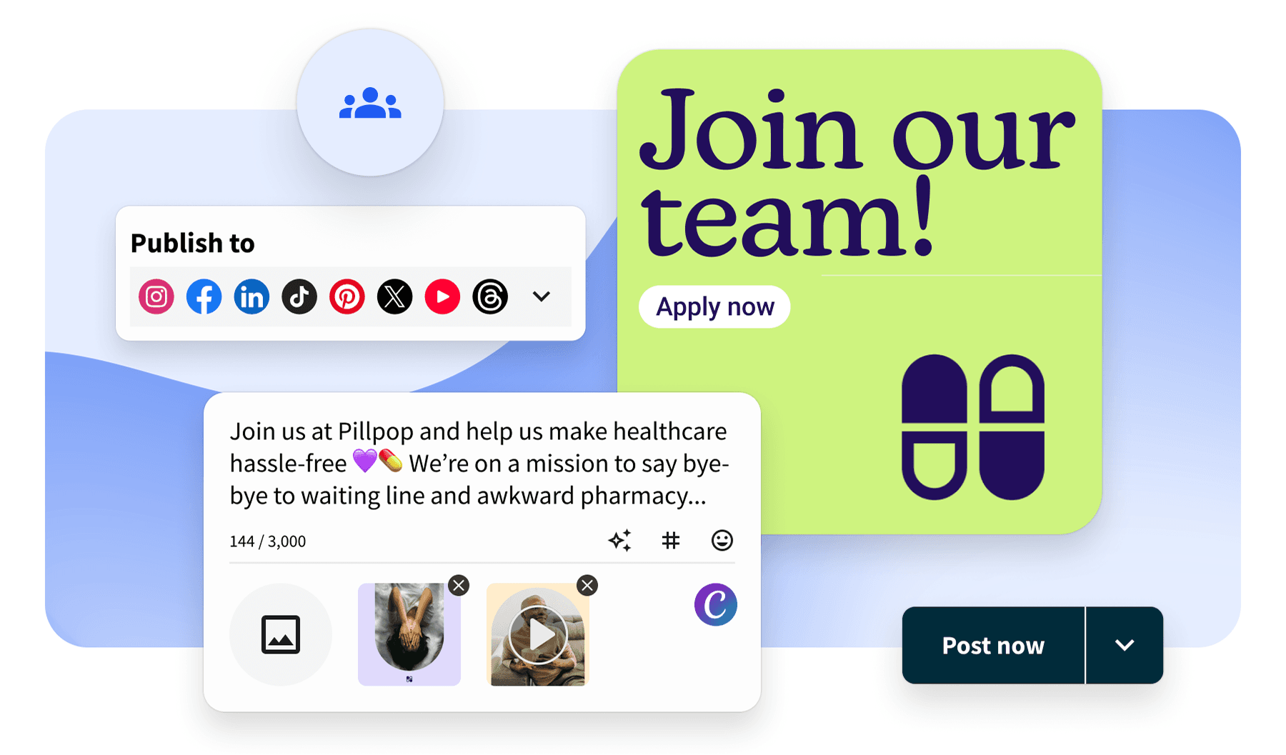 Social media scheduling tool interface showing a "Join our team" recruitment post with social platform icons and a Post now button.