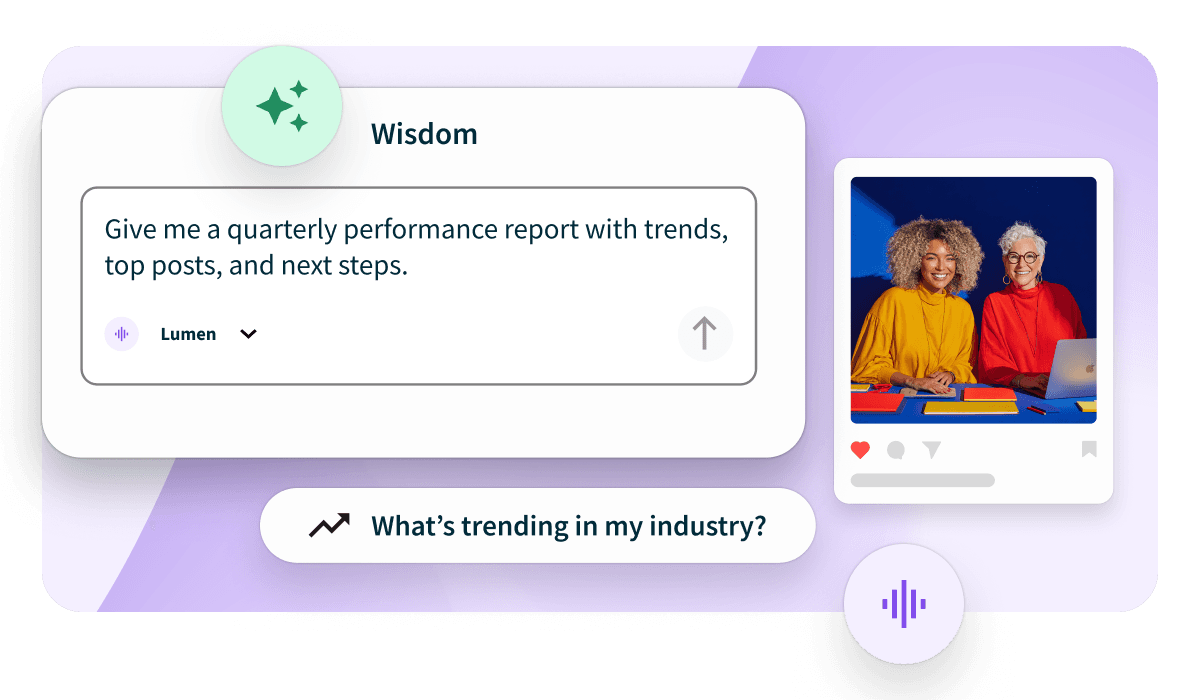 AI assistant interface showing a chat prompt for quarterly performance reports alongside a social media post with two smiling women.