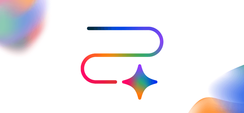 A colorful rainbow gradient logo featuring a curved line and a four-pointed star shape on a white background.
