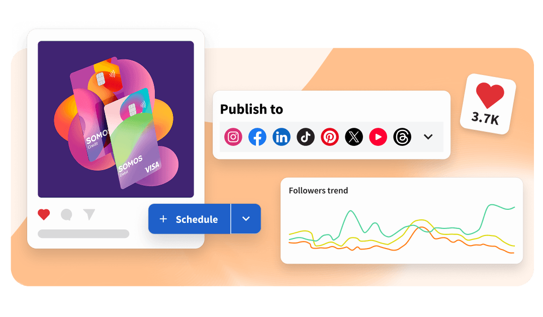 Social media scheduling interface showing a colorful card post, platform icons, a schedule button, and a followers trend graph.