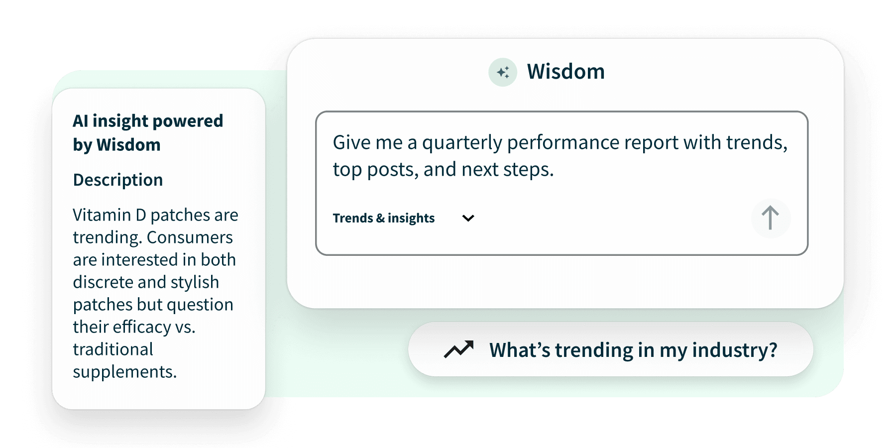 UI screenshot of Wisdom AI tool showing a query for quarterly performance reports and AI-generated industry trend insights.