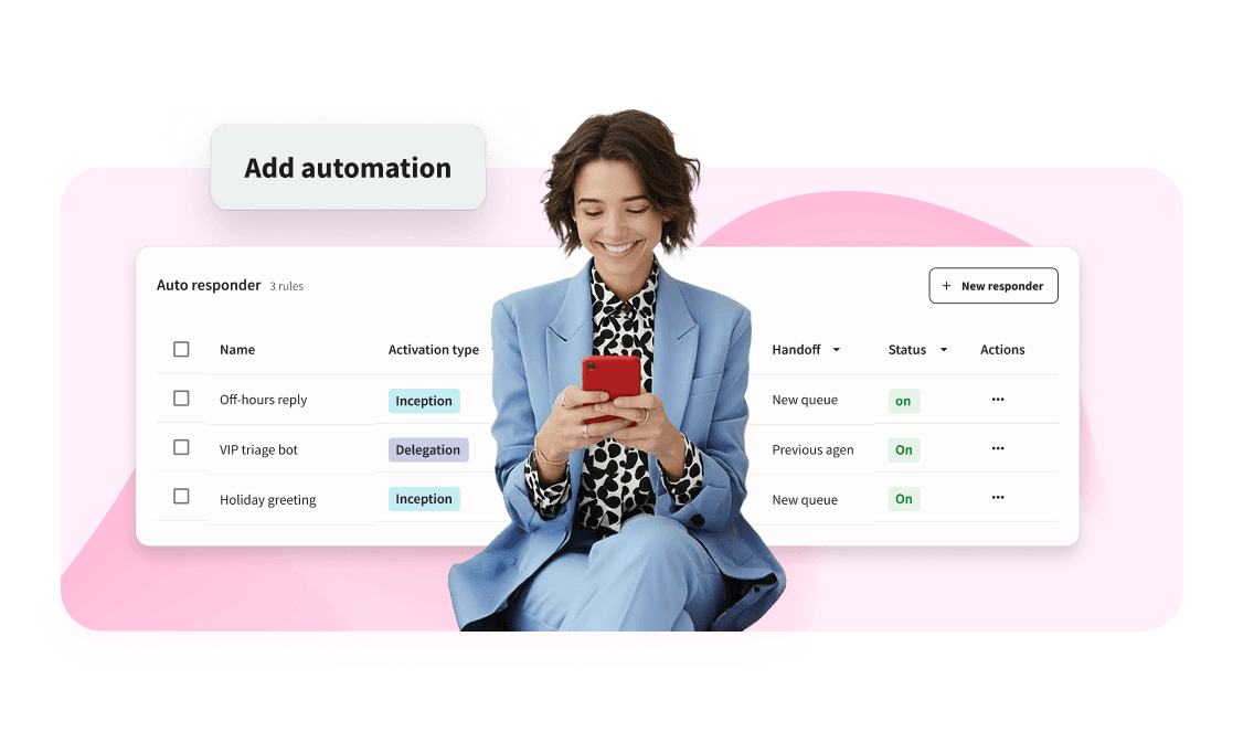 A smiling woman in a blue blazer uses a red phone, overlaid with an "Add automation" UI panel showing auto responder rules.