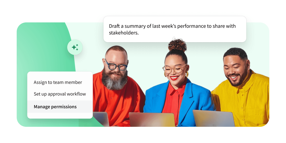 Three smiling colleagues in colorful outfits collaborate on laptops, with AI workflow prompts displayed around them.